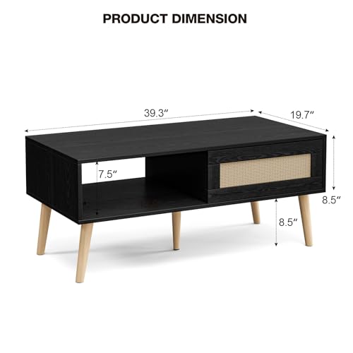 Coffee Table with Storage, Boho Dining Table with Rattan Drawer and Solid Wood Legs, Small Coffee Tables for Living Room, Oak