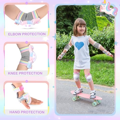 Girls Knee Pads and Elbow Pads Set Kids Unicorn Protective Gear for Roller Skates Cycling BMX Bike Skateboard Inline Rollerblading, Skating Skatings Scooter Riding Sport (Pink-A)
