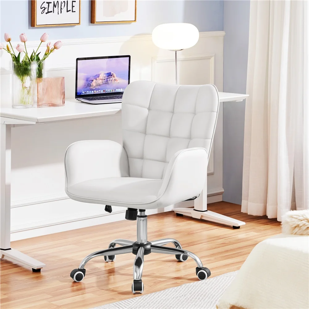 Topeakmart Modern Faux Leather Desk Chair with Padded Armrests for Home Office, White