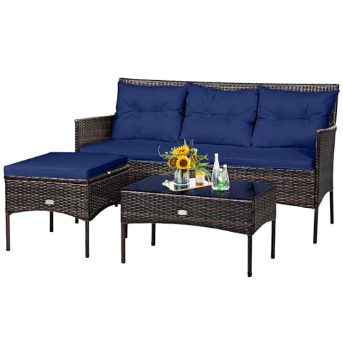 Tangkula 3 Pieces Patio Conversation Set, Outdoor PE Rattan Wicker Furniture Set W/Cozy Cushions, All Weather Sectional Sofa Set W/Tempered Glass Coffee Table for Poolside, Backyard, Garden