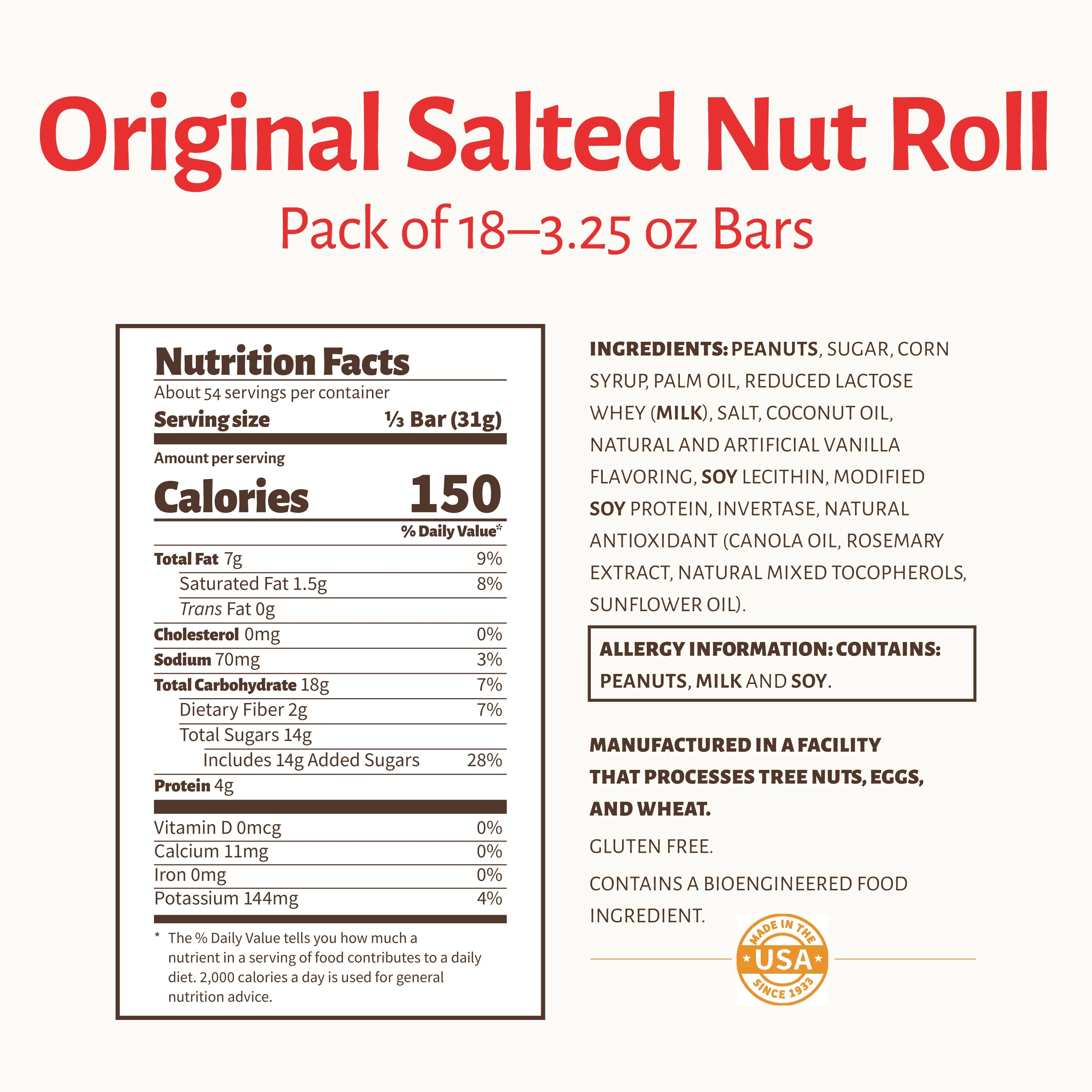 Pearson's Salted Nut Roll 3.25 oz. | King-Size Candy Bars 18 Count | Bulk, Individually Wrapped