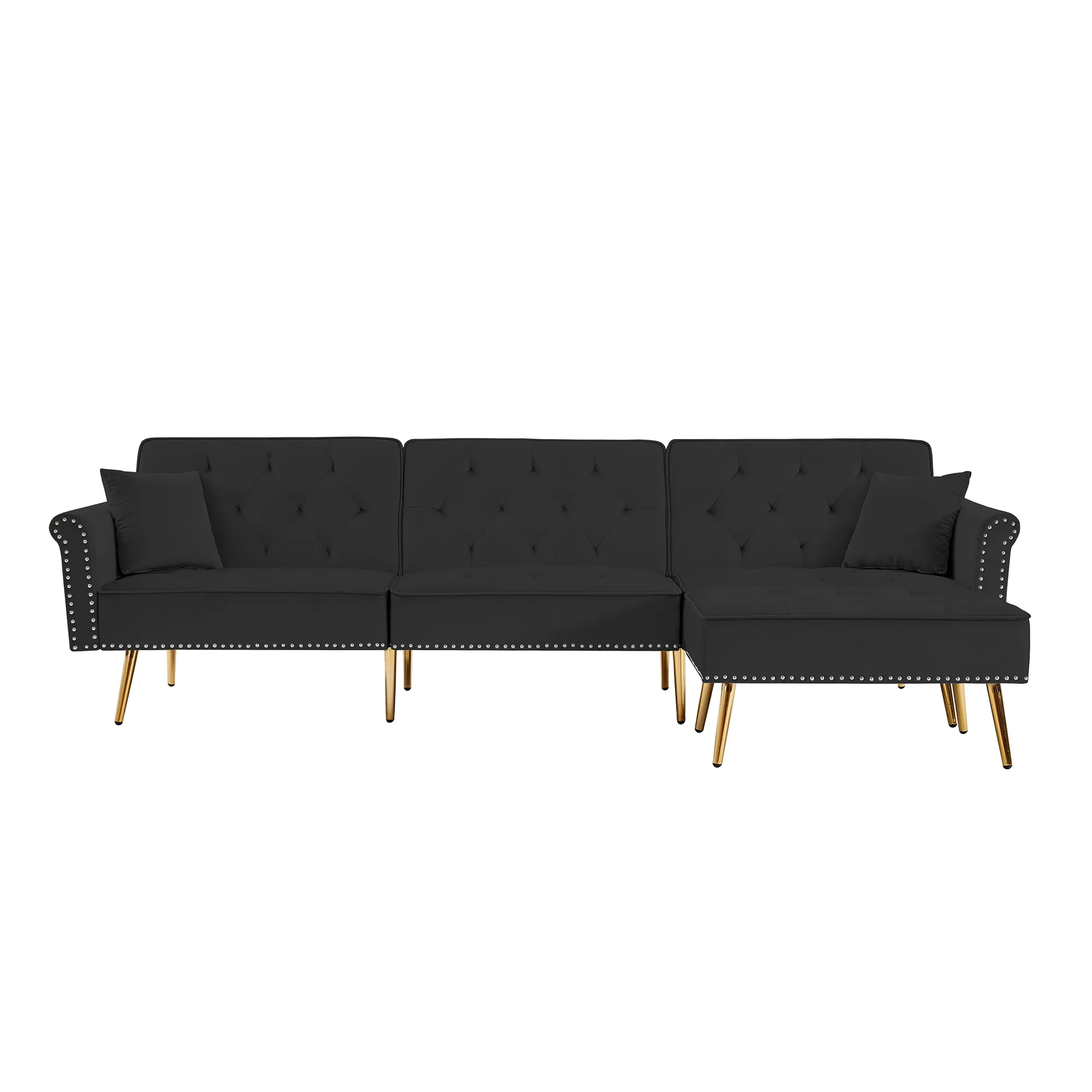 Lecut 110” Velvet L Shaped Modern Reversible Sectional Couch with Removable Ottoman Nailhead Trim 3 Seater Sofa with Metal Gold Legs black