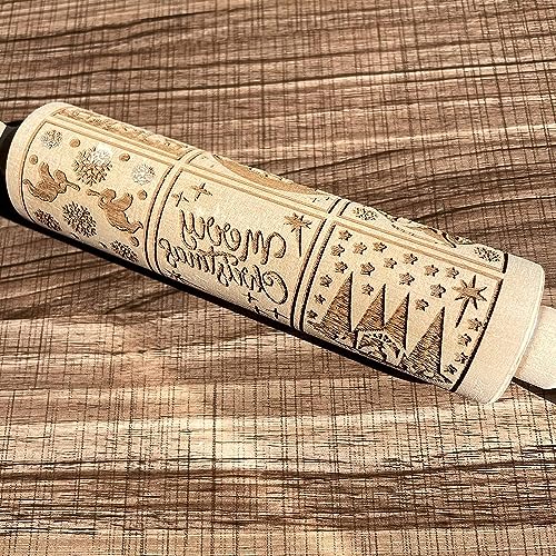 Christmas Wooden Rolling Pin for Baking Engraved Embossing Rolling Pin Cookie Stamps Roller Square Grid Cookies Mold Kitchen Decor Tools for Baking Embossed Cookies (9 Grilles Jesus)