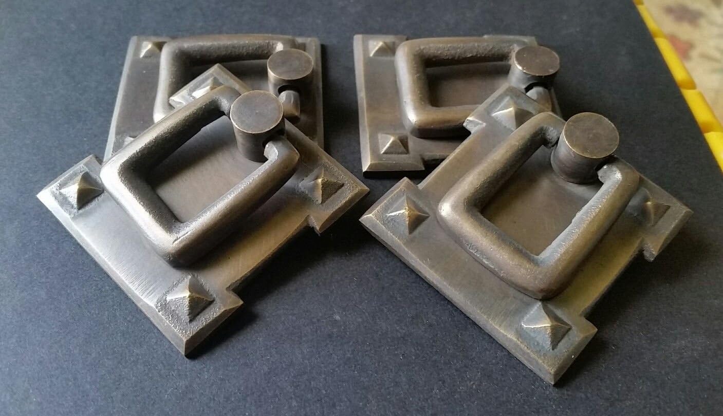 4 Mission Stickley Antique Style Brass Vertical Ring Handles pulls with Bolts 2 1/8