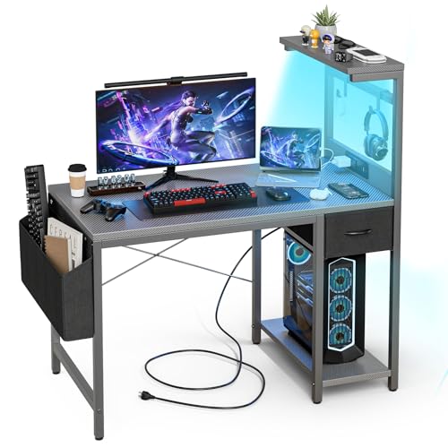 Gaming Desk 40 Inch with Power Outlet and LED Light, Computer Desk with Reversible Shelves and Storage Drawer, Pc Workstation for Home Office with Bag, Carbon Fiber Grey