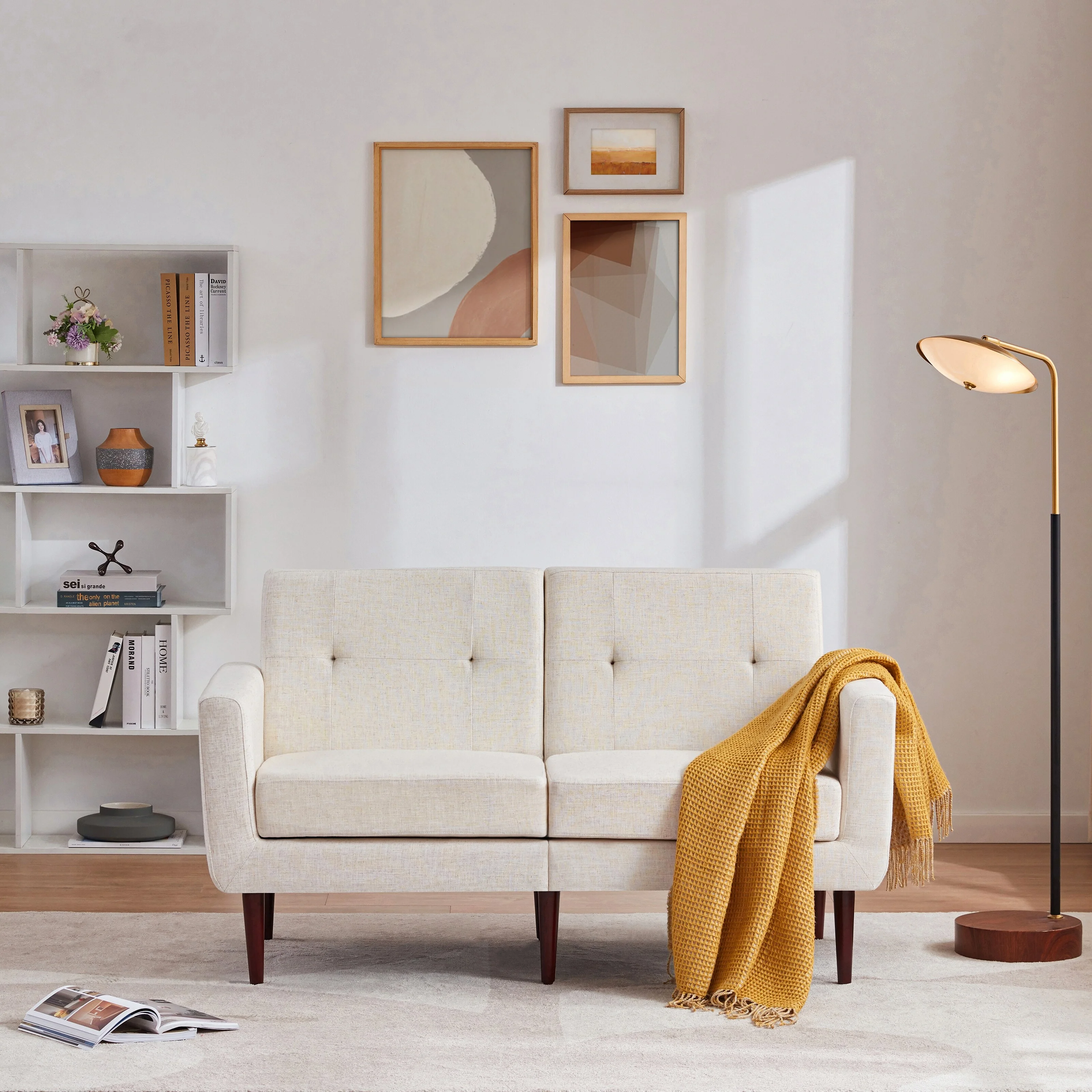 HUIMO Loveseat, Modern Small Couch with Button Tufted Upholstered Fabric Sofa Blue/ Ivory/ Grey Ivory