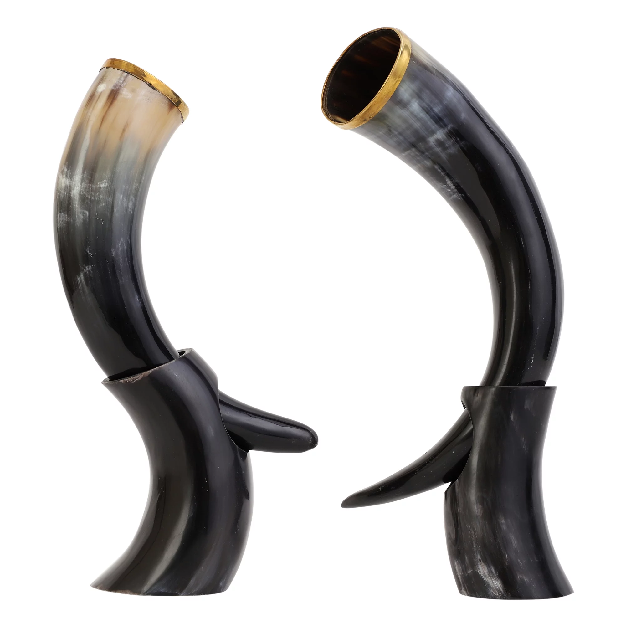 Authentic Viking Drinking Horn with Stand Unique Genuine Ox Horn | Handmade Beer Ale Mead Water Wine Cup Buffed Finish Brass Fitting 4 pk