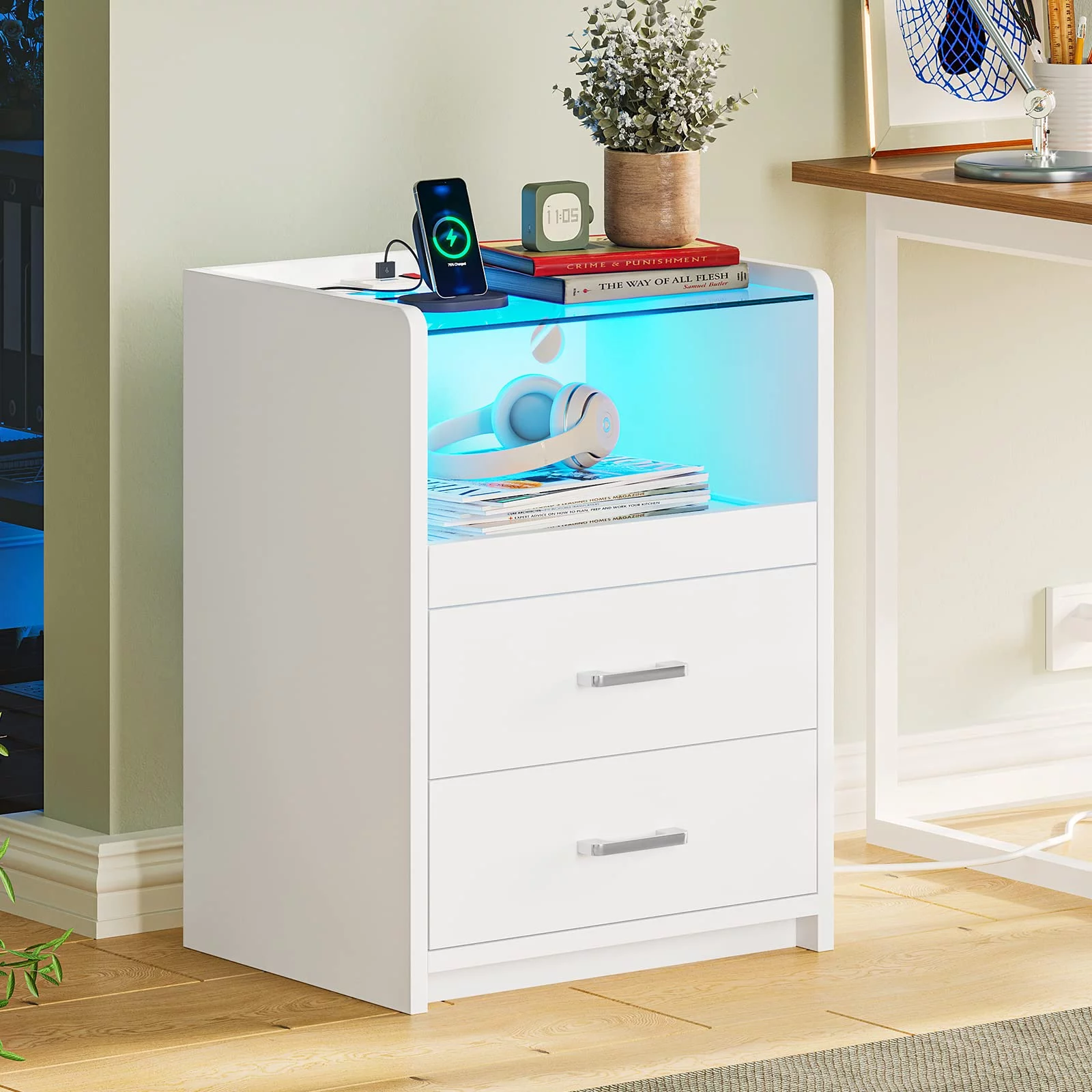 LED Nightstand with Charging Station&2 Drawers, Modern Bedside Table End Table with Pull-Out Shelf&LED Lights for Bedroom Living Room, White