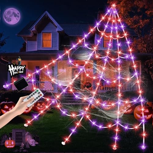 Halloween Spider Web Lights 550 LED Lighted Spider Web 16.4Ft Giant Halloween Decorations Light up with 8 Lighting Modes Waterproof & Timer for Indoor Outdoor House Haunted Yard Decor, Orange & Purple