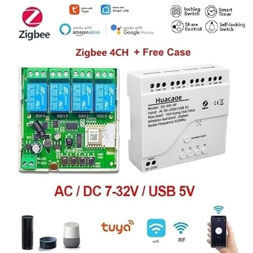 Zigbee 4CH DC7-32V USB 5V Relay Smart Switch Module,Wireless APP Remote Control with Inching/Self-Lock/Interlock modle,Works with Tuya Zigbee Gateway,Alexa,Google Home (Required ZigBee Hub)