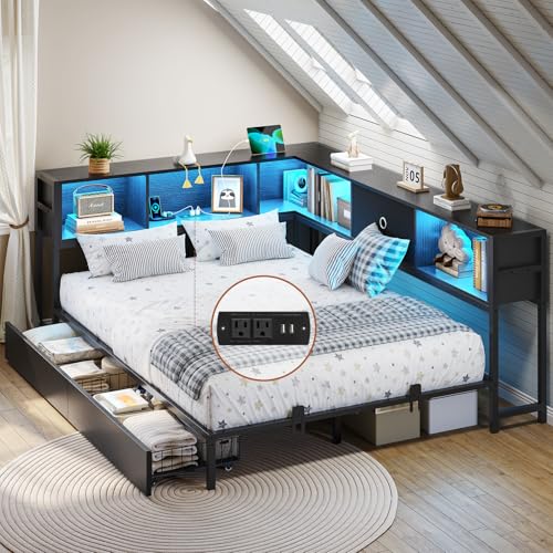 DICTAC Corner Full Bed Frame with Bookcase Storage and Led Lights Full Size Metal Platform Bed Frame with Storage Drawers & Charging Station Full Daybed for Living Room,Bedroom,Guest Room,Oak Gray