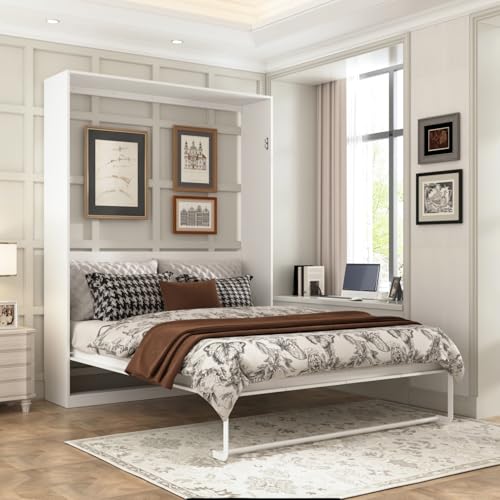 Queen Size Murphy Wall Bed, Modern Space-Saving Murphy Bed Cabinet Foldable Platform Bedframe for Guest Room Home Office, White 87.1”L x 64.6”W x 85.6”H