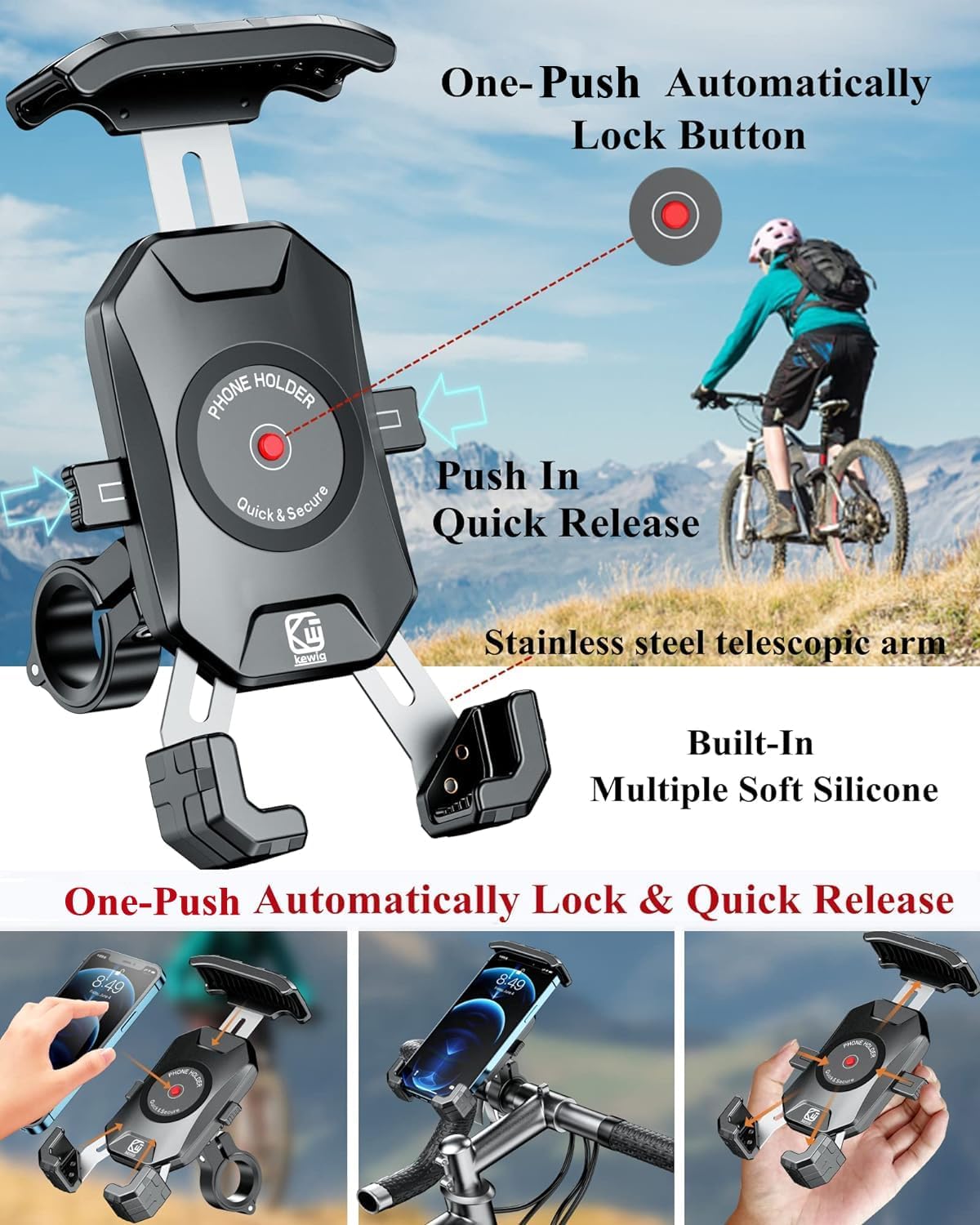 BRCOVAN Motorcycle Phone Mount, [1s Lock] [One Hand Operation] Bike Phone Mount, Aluminum Alloy Mounting Base Handlebar Cell Phone Holder for Bicycle Motorcycle ATV Scooter Fit 4''-7'' Smartphones