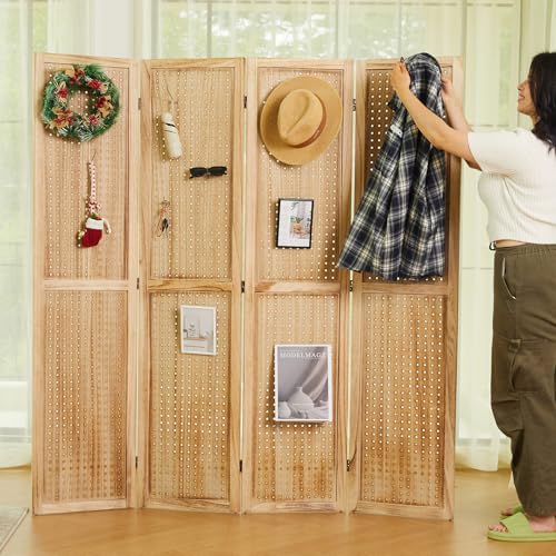 Peg Board Display Stand, 66.9inch Room Divider Freestanding Folding Pegboard Privacy Screens for Jewelry Craft Shows - 4 Panles (White)