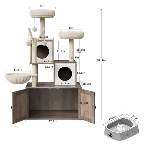 57.5-Inch Cat Tree with Litter Box Enclosure 2-in-1 Modern Cat Tower with Cat Condo/Hammock/Scratching Post/Plush Perch/Removable Pompom Sticks/Caves, Wooden Hidden Litter Box Furniture, Oak Brown