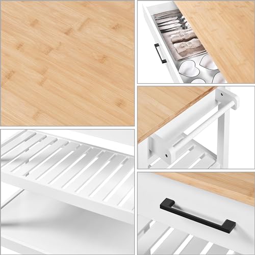 Yaheetech Kitchen Island Cart on Wheels with Bamboo Tabletop, 3-Tier Rolling Kitchen Island Microwave Cart with Drawer, Detachable Towel, 3 Hooks, 17