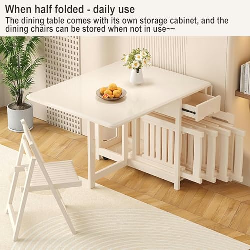White Folding Dining Table, Wooden Drop Leaf Kitchen Table with 4 Brake Wheels, Drawers, Storage Cabinet, Expandable Space Saving Dining Room Table for Small Spaces, 140CM