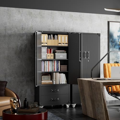 71''H Metal Garage Storage Cabinet with Pegboard, Rolling Tool Cabinets on Wheels with 5 Adjustable Shelves for Garage Office School Home Warehouse Utility Room, Assembly Required,Black
