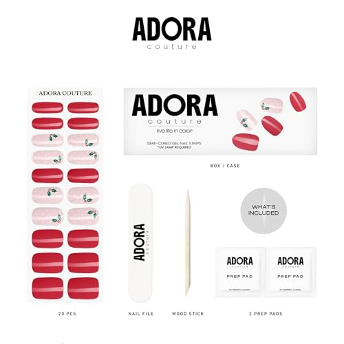 Semi-Cured Gel Nail Strips - 20 Salon-Quality Gel Sticker with UV Light Required, Long Lasting, Easy Application & Removal, Includes Prep Pad, Nail File, Wooden Stick (Merry Mistletoe)