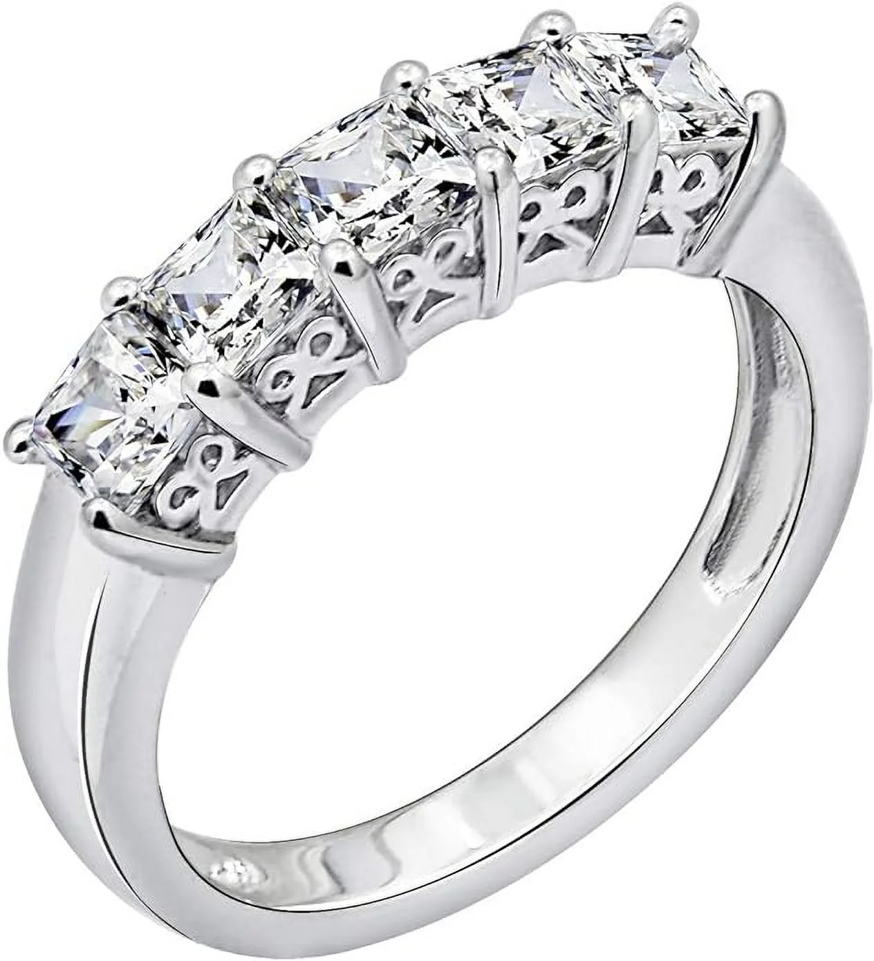 Amazon Collection Platinum or Gold Plated Sterling Silver Princess-Cut 5-Stone Ring made with Infinite Elements Zirconia