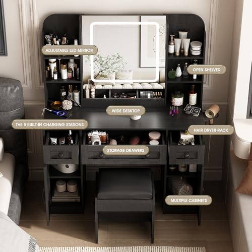 Vabches Makeup Vanity Desk, Vanity Mirror with Lights Desk and Chair,Makeup Table with 3 Large Drawers and 2 Cabinets, Time and Temperature Display, 3 LED Lighting Modes Adjustable, White