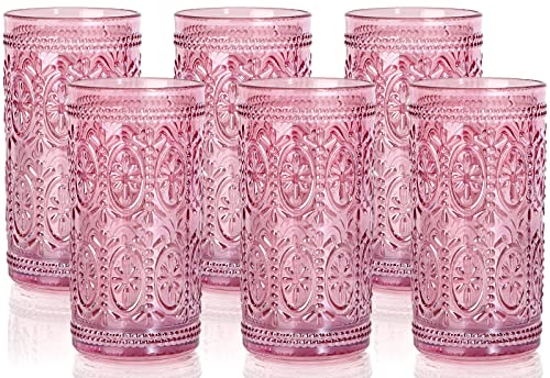 6 Pack Pink Glassware Drinking, 12oz Highball Embossed Beverage Glass Cup, Vintage Drinking Glasses, Colored Water Glasses for Party Wedding Home Office and Gift