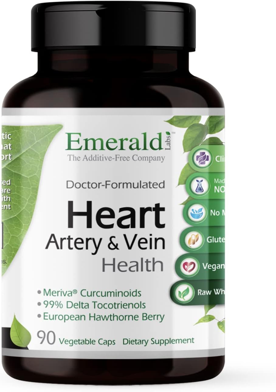EMERALD LABS Heart, Artery & Vein Health - Heart Health Support with Hawthorn Berry, Meriva Turmeric, Vitamin K2 as Vital Delta MK-7 & More - Gluten-Free - 90 Vegetable Capsules (30-Day Supply)