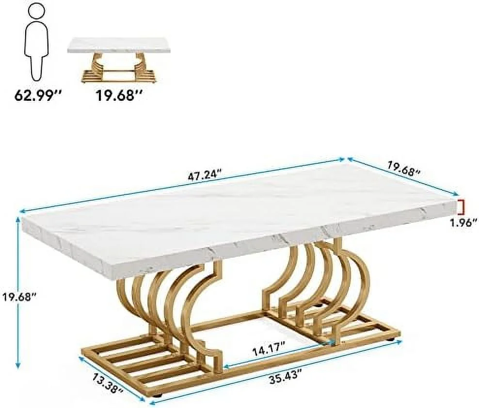 HJZBNONE Modern Coffee Table  47 Inch Faux Marble Cocktail Table with Geometric Frame  Rectangular Center Table Tea Table Accent  for Living Room  Simple Assembly (White/Gold)