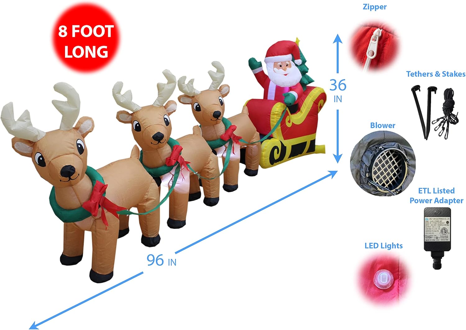 8 Foot Long Christmas Inflatable Santa Claus on Sleigh with 3 Reindeer and Christmas Tree LED Lights Outdoor Indoor Holiday Decorations Blow up Lawn Inflatables Home Family Decor Yard Decoration