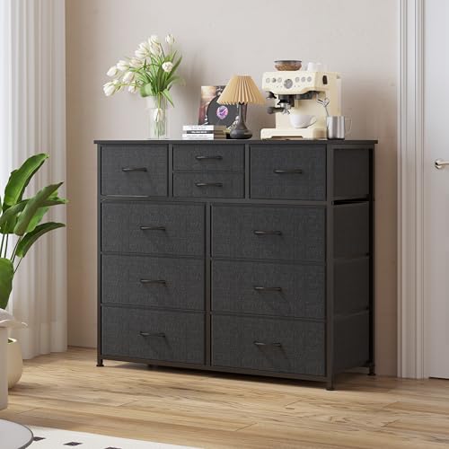 LUMTOK 10-Drawer Dresser, Fabric Storage Dresser Drawers for Bedroom, Hallway, Nursery, Closets, Steel Frame, Wood Top, Easy Pull Handle (Greige)