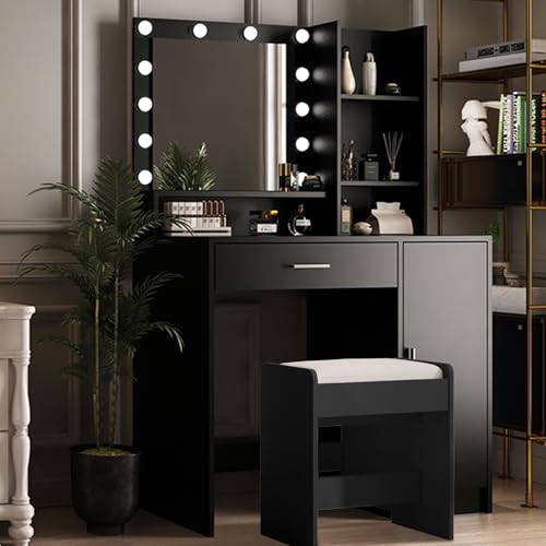 Vanity Desk with Mirror and Light, Large Drawer and Three Level Storage Dresser, 3 Lighting Modes Adjustable Brightness, Bedroom Dressing Table (White)