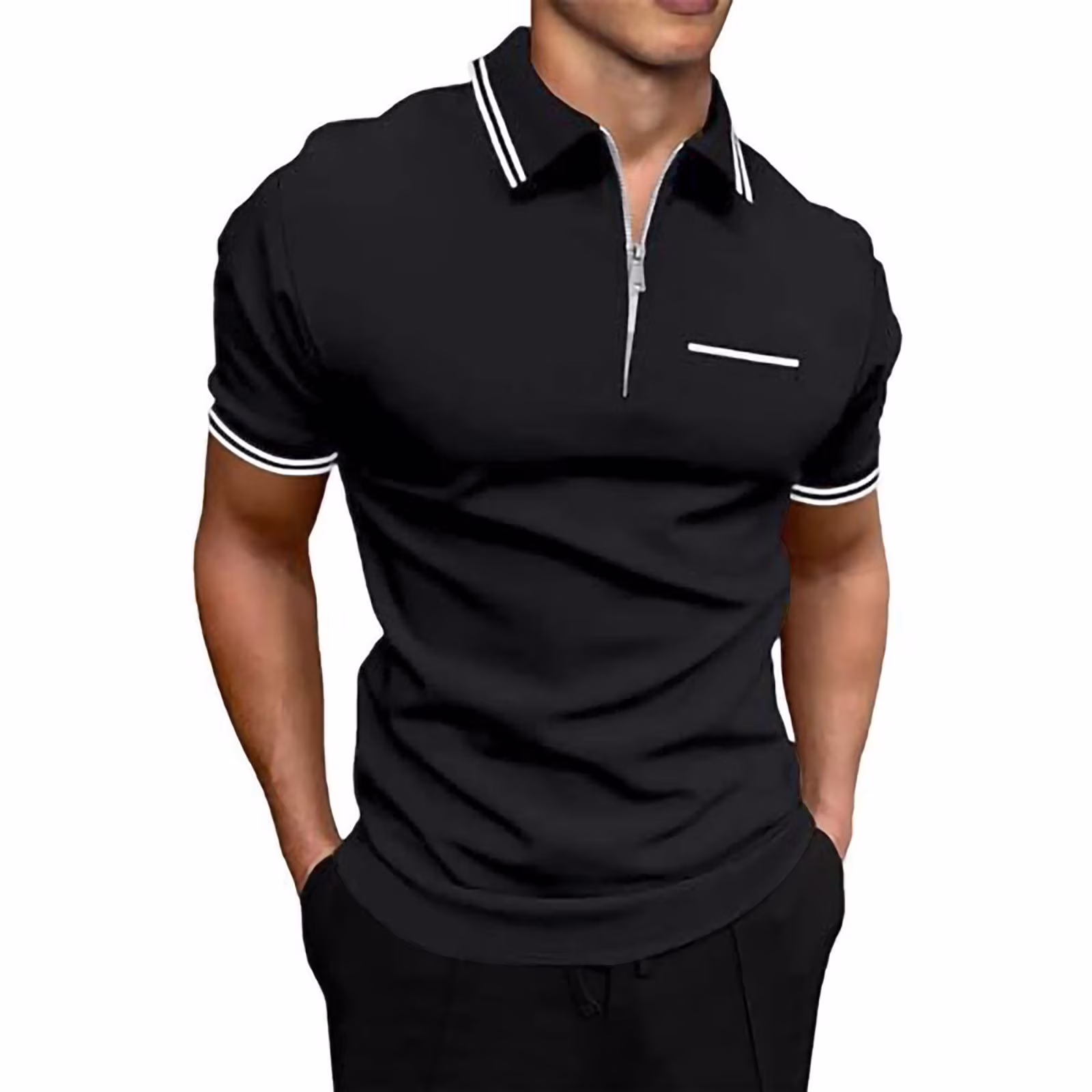 Mens Plus Size Tshirts Zipper Turn Down Collar Short Sleeved T Shirt Solid Color Polo Shirts Sports Dailywear T-Shirt