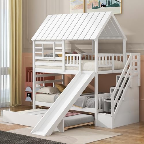Harper & Bright Designs House Bunk Bed Twin Over Twin with Trundle and Slide, Wooden Bunk Bed Frame with Storage Stairs, Roof and Window Design, No Box Spring Needed, White