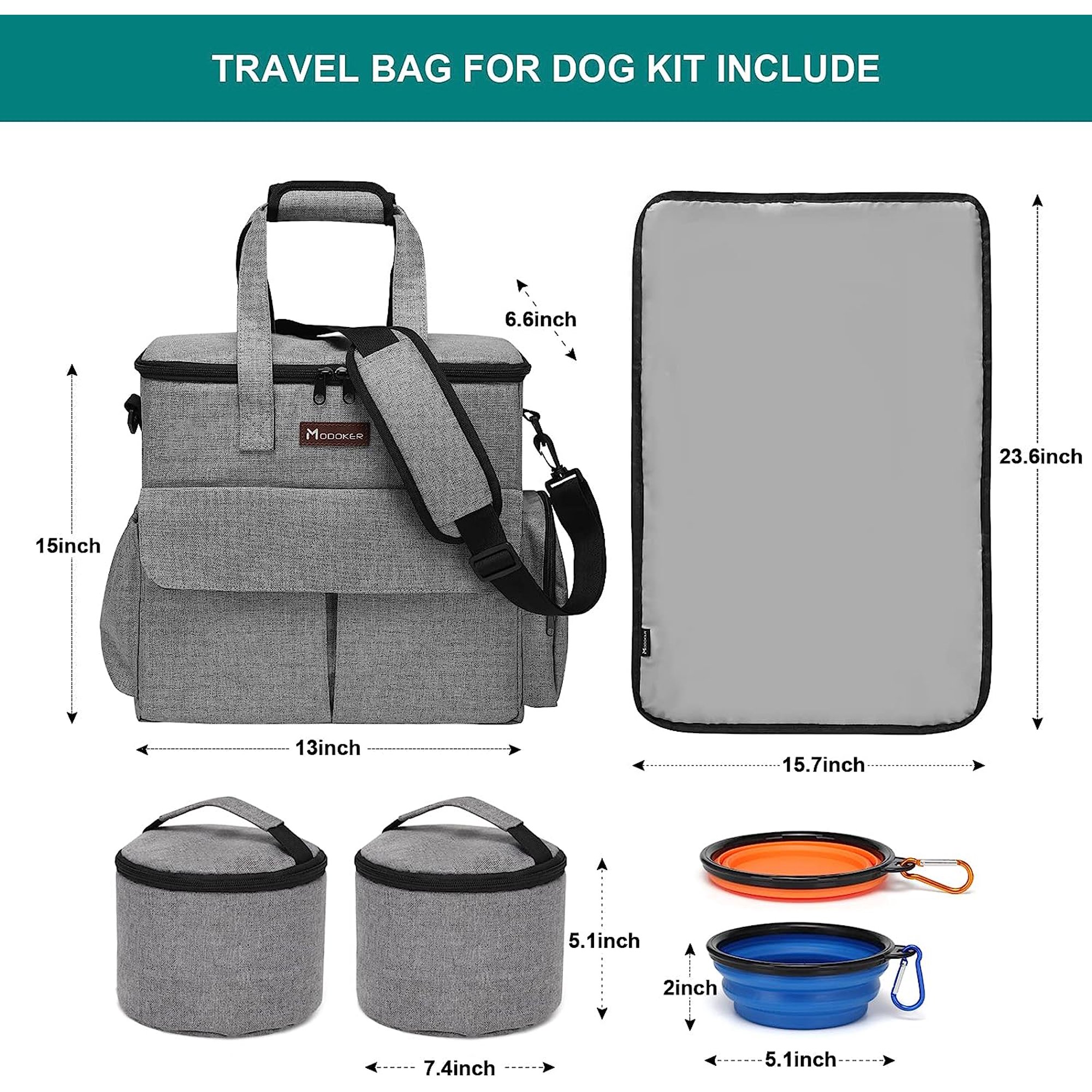 Dog Travel Bag with 2 Food Carriers, 2 Collapsible Bowls, and 1 Placemat
