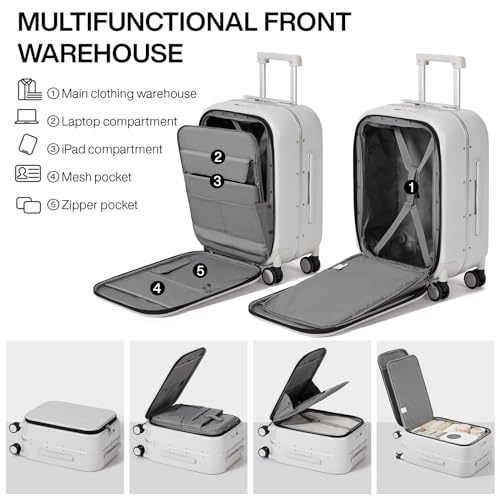mixi Carry On Luggage, 20'' Suitcase with Front Laptop Pocket, Travel Rolling Luggage Aluminum Frame PC Hardside with Spinner Wheels & TSA Lock and Cover - Smoke White