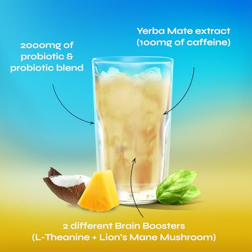 Yerba Mate Instant Tea Powder, 3-in-1 Super Drink - Clean Energy, Brain Fog Buster, and Gut Health Powered by Nootropics, Prebiotics and Probiotics | Yerba Magic Pina Colada 30 Servings