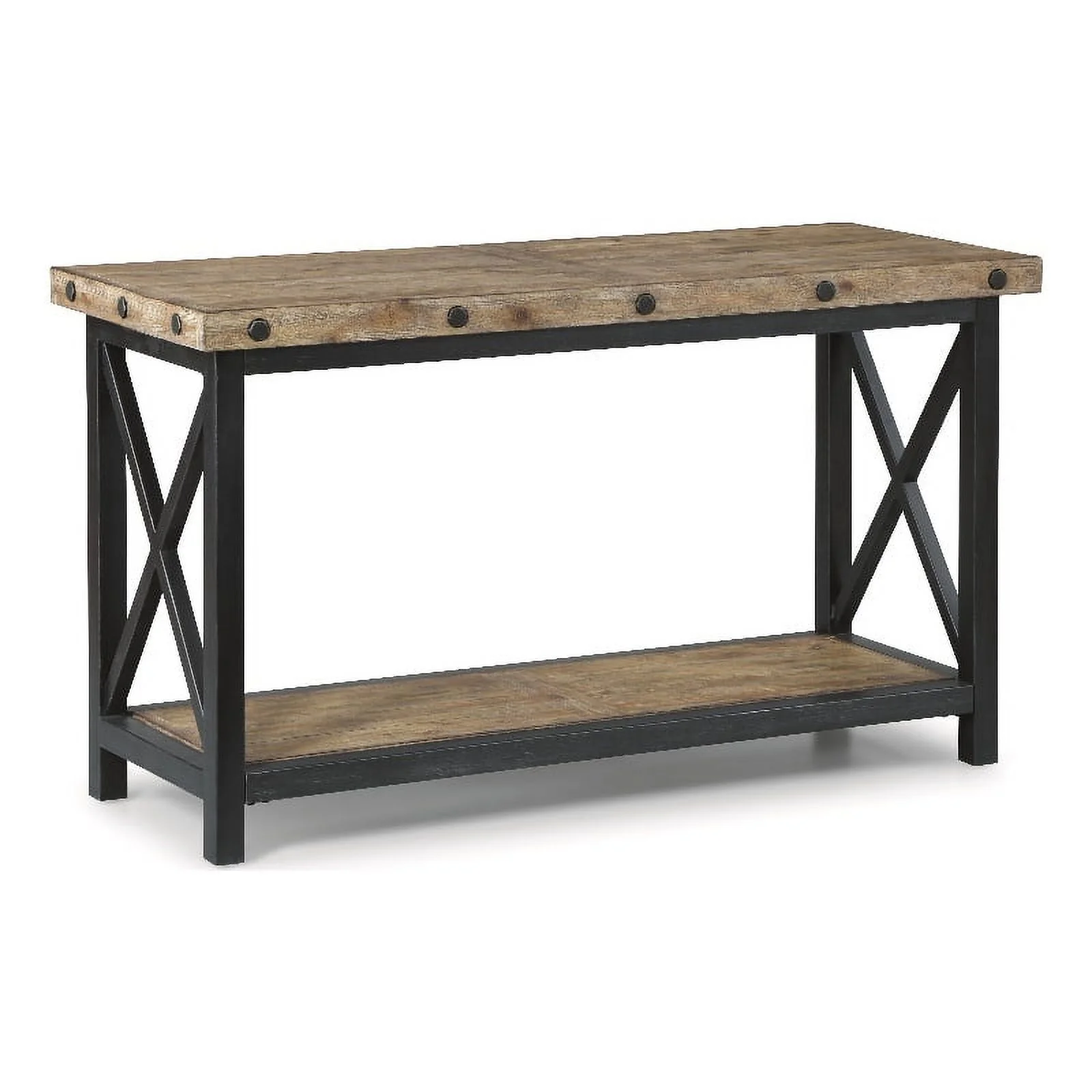 Homestyles Portman Brown Sofa Table with Metal Frame and Exposed Bolt Heads