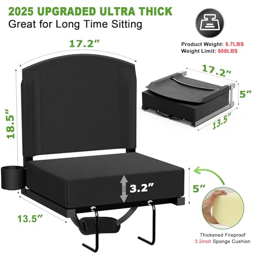 Stadium Seats with Back Support, Portable Bleacher Seat for Bleachers Hold up 400lbs, Wide Bleacher Seat with Shoulder Strap & Handle Perfect for Sports Events (Black, 1pcs)