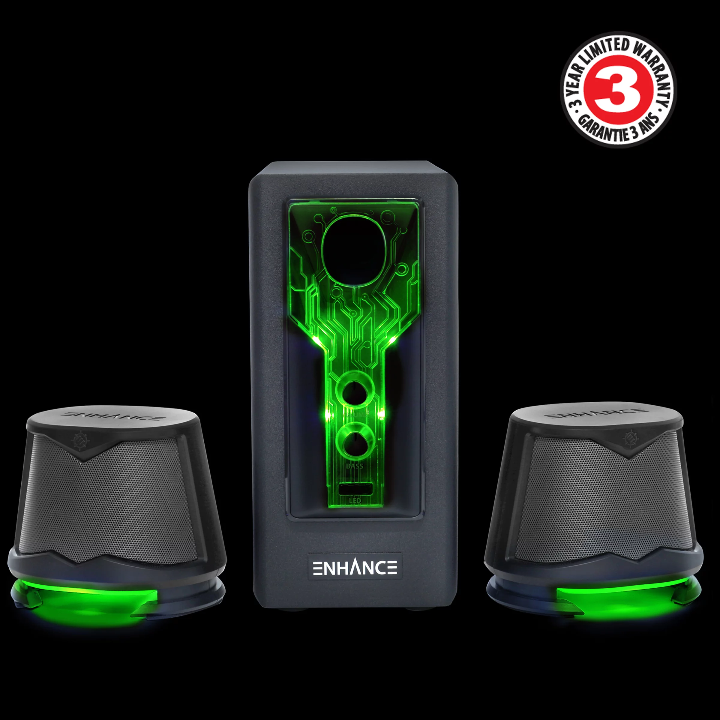 ENHANCE SB 2.1 Computer Speakers for Desktop with Subwoofer, Green LED Lights, Volume & Bass Control