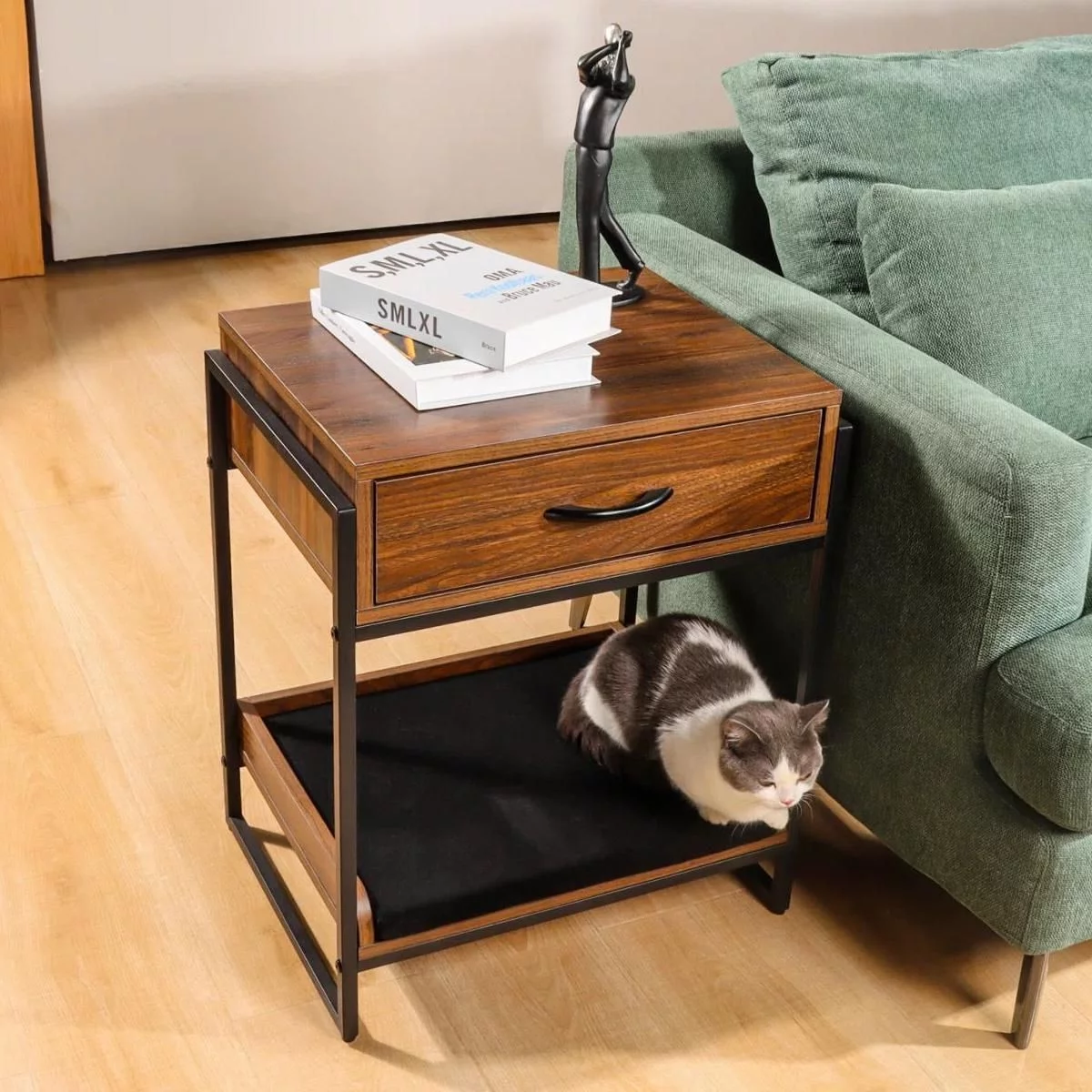 FRAPOW End Table with Storage Drawer, Side Tables for Living Room with Cat Resting Seat Bed, Brown