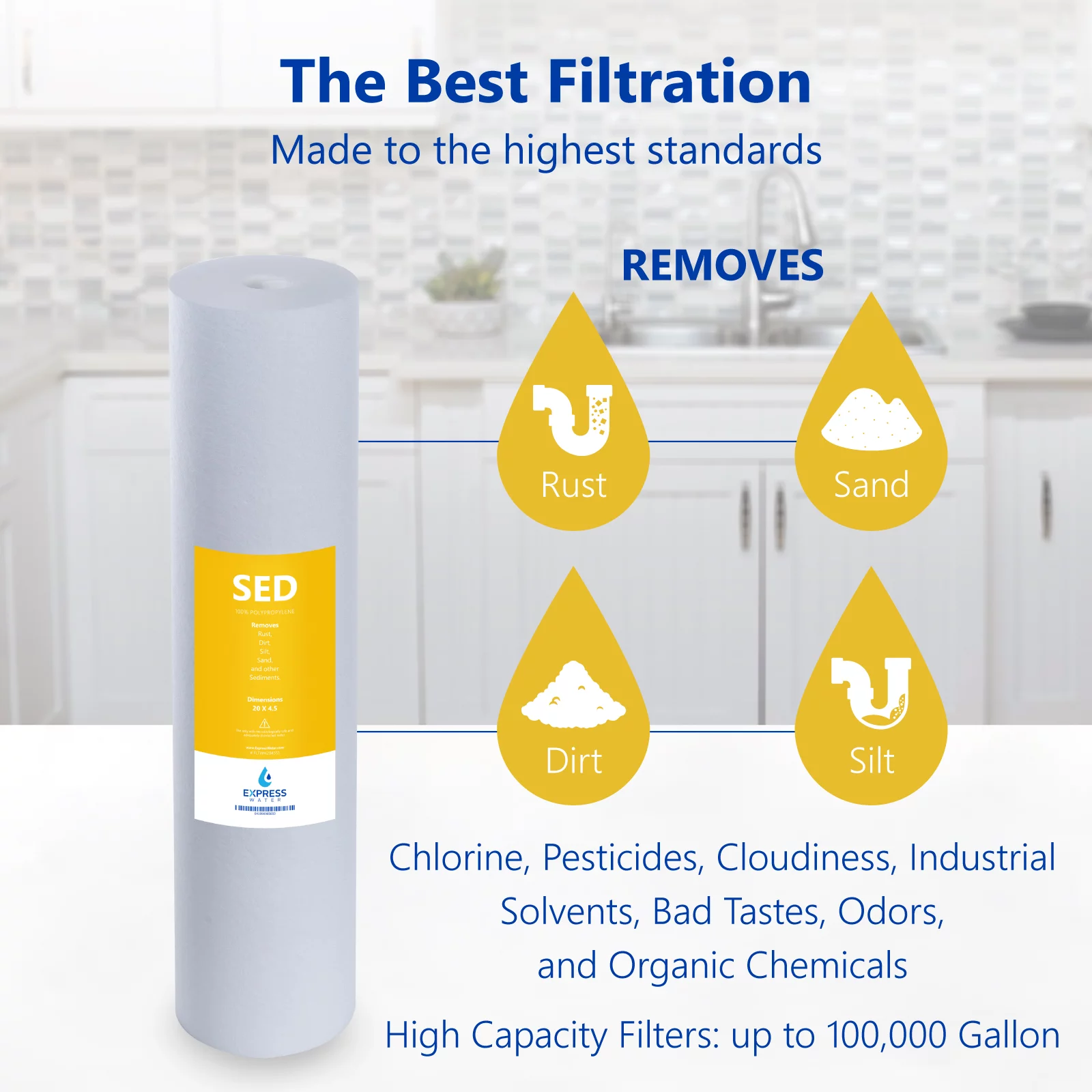 Express Water – Sediment Replacement Filter – SED Dirt, Sand, Rust High Capacity Water Filter – Whole House Filtration – 5 Micron – 4.5” x 20” inch