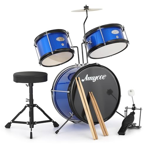 3 Piece Kids Drum Set with Cymbal, 2 Drumsticks, Pedal, 2 Tom,Beginner Junior Drum Kit with Throne Stool, Musical Instruments for Boys and Girls, Black