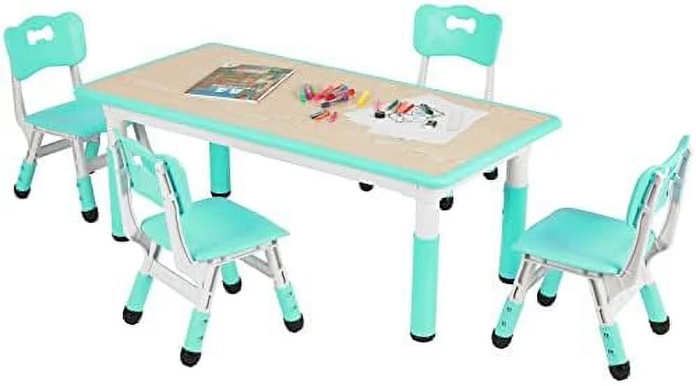 HJZBNONE Big  Study Table and 4 Chair Set  Height Adjustable Toddler Table and Chair Set for 4  Multifunctional Toddler Table  Reading  Drawing  Eating Interaction (Light Green  Long Tabl