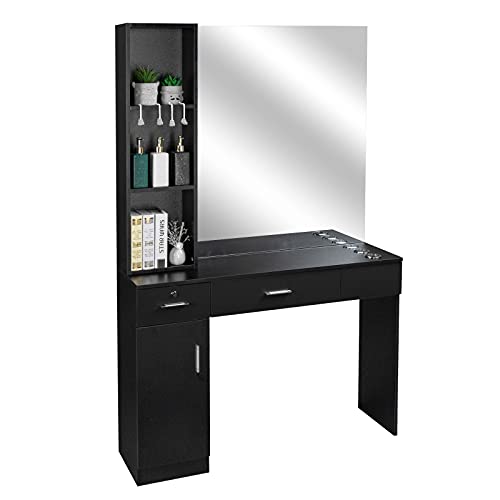 Barber Station Wall Mount Salon Hair Styling Beauty Spa Equipment w/Mirror, 2 Drawers, 1 Storage Cabinet, 3 Open Shelves (Black)