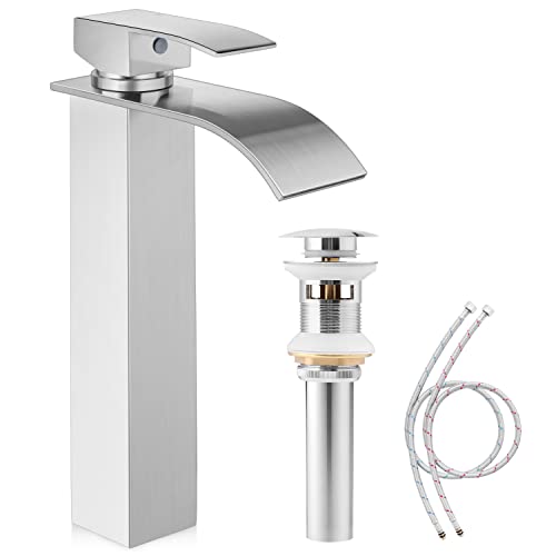 Herogo Vessel Sink Faucet Brushed Nickel, Stainless Steel Waterfall Spout Single Handle Tall Bathroom Sink Faucet with Pop-up Drain & 2 Supply Lines, for 1 Hole Lavatory Bowl Mixer Tap