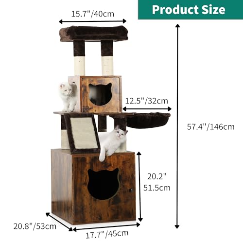 YITAHOME Cat Tree with Litter Box Enclosure, Hidden Cat Litter Box Furniture with Sisal Scratching Post, Wooden Cat House with Basket, Brown