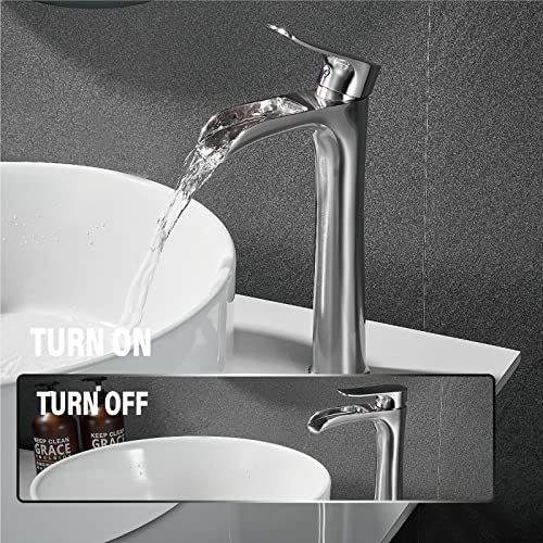 YUNDOOM Matte Black Vessel Sink Faucet, Deck Mount, Single Hole, Waterfall Design, Easy Installation, Durable, Drip-Free, Ceramic Disc Cartridge Valve, Solid Brass Material