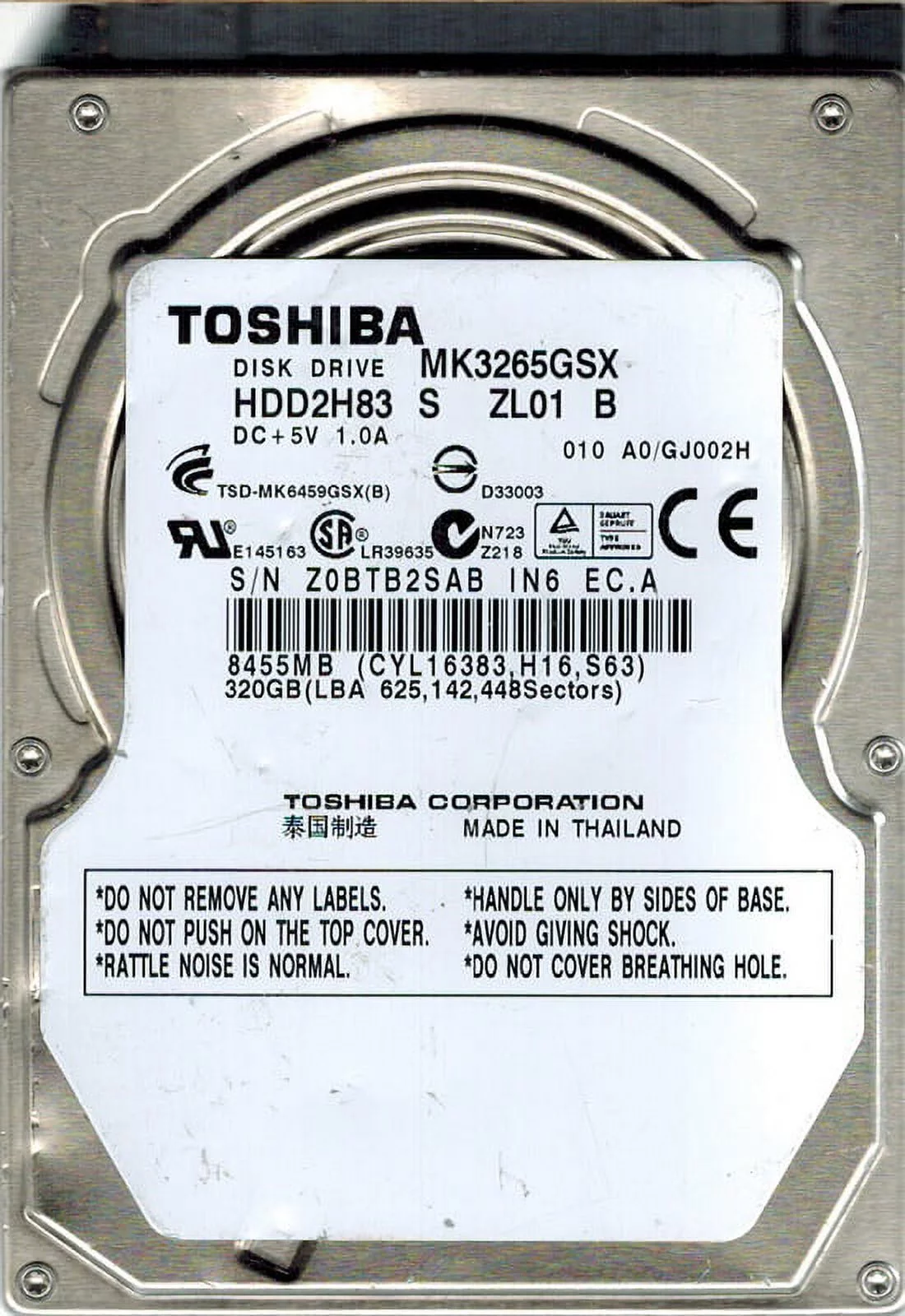 Toshiba MK3265GSX 320GB HDD2H83 S ZL01 B A0/GJ002H
