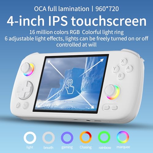 RG 406H Retro Handheld Game Console with 4-inch IPS Screen RGB Lighting Handheld Retro Gaming Console with Android 13 System and 128G TF Card 5000mAh Battery white