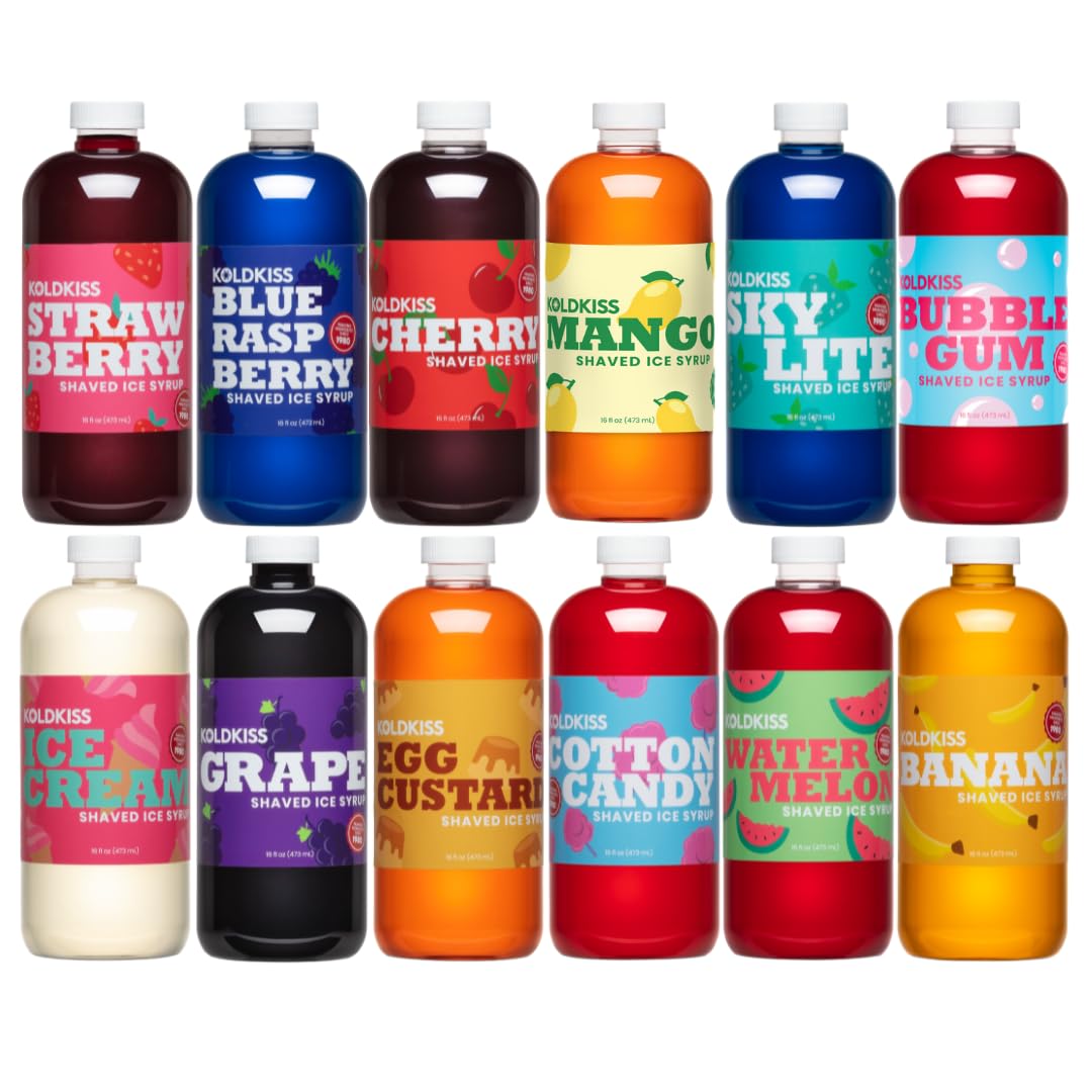 Koldkiss Shaved Ice and Snow Cone Flavored Syrups - 12 Pack of 1 Pints each flavor, Watermelon, Skylite, Banana, Cotton Candy, Cherry, Mango, Ice Cream, Grape, Blue Raspberry, Strawberry, Egg Custard, Bubble Gum.